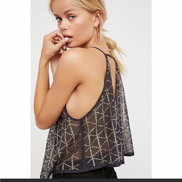Free People Women’s Atlantis Navy Blue Gold Studded Cropped Mesh Tank Xs - Picture 2 of 12